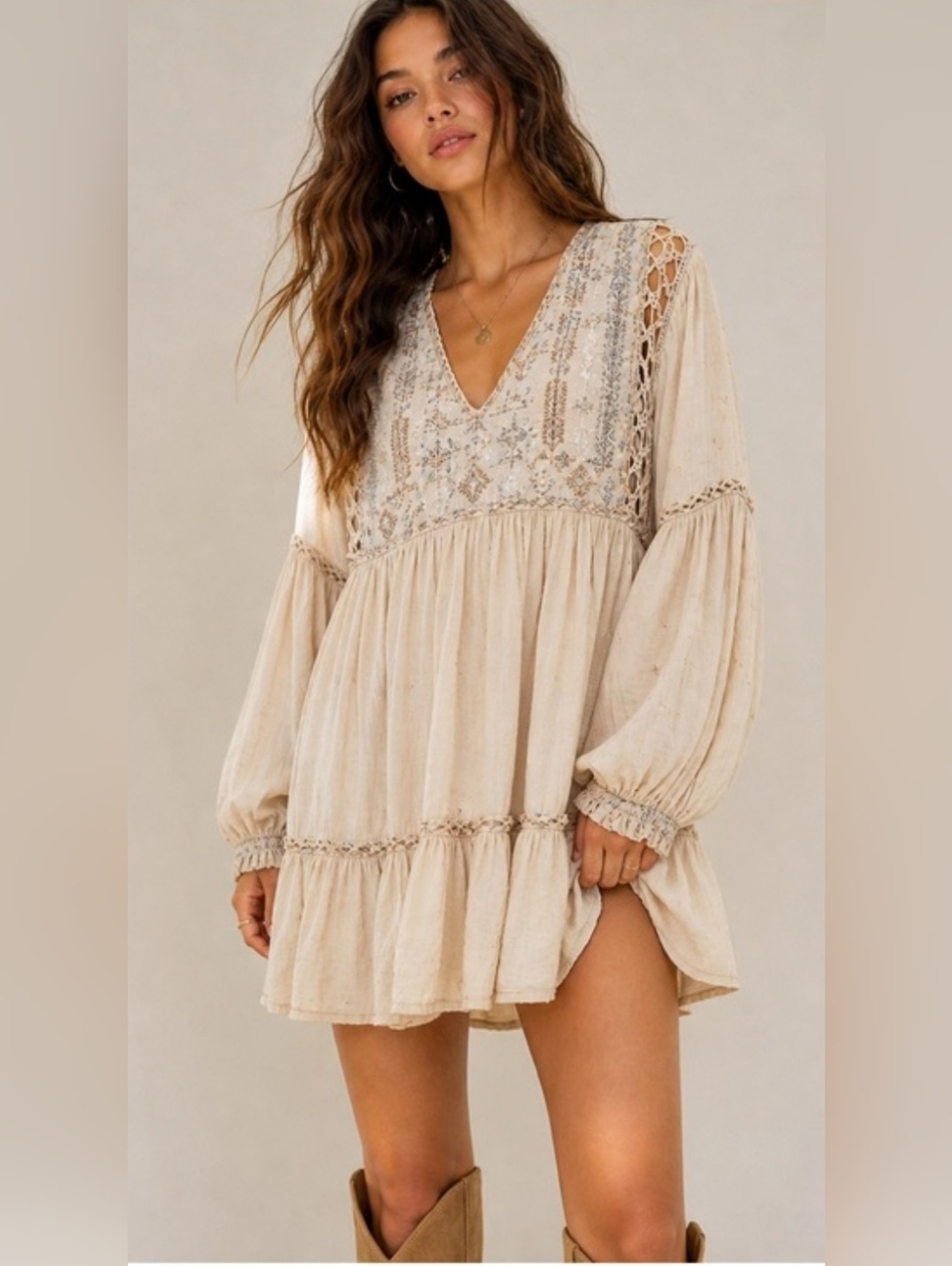 Free People Cream Embroidered V-Neck Mini Dress Size Medium